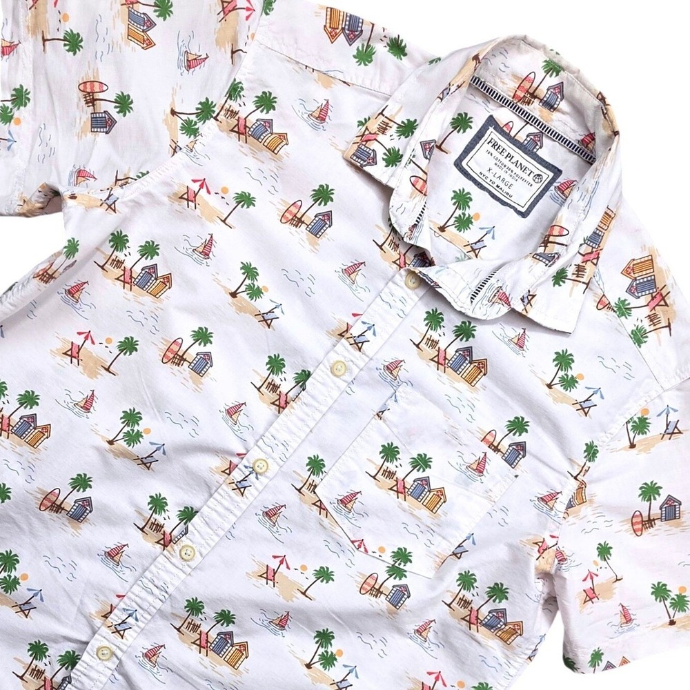 Free Planet Mens XL White Tropical Beach Print Short Sleeve Button Down Shirt